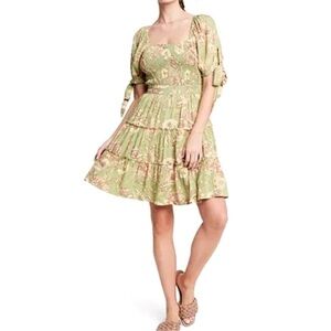 Agua Bendita X Target Light Green Floral Square-Neck Tiered Mini Dress
